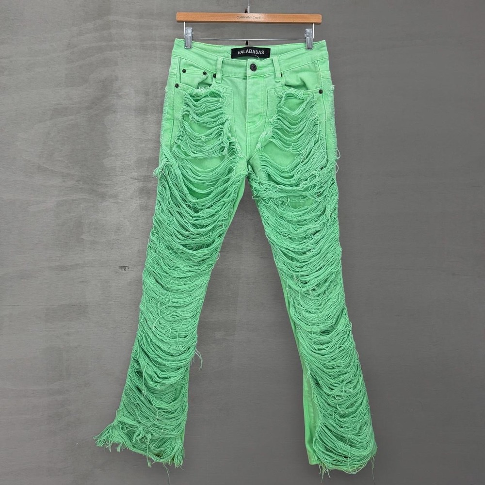 Valabasas Stacked Jeans Neon Green Distressed Shredded Fringe Slim 30
